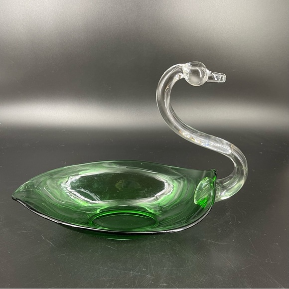 Vintage Duncan Miller Glass SWAN Console Bowl Emerald Green Bowl Candy Dish - Picture 3 of 12